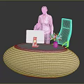 White Ribbed Circular Reception Desk With Computer Monitor Vase And Dark Chair