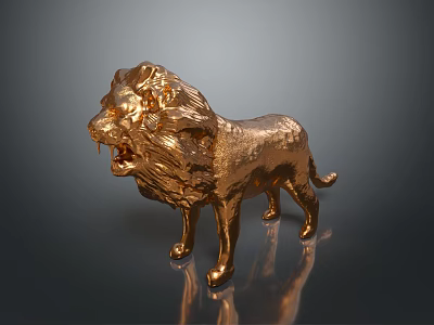 Shiny Golden Lion Statue With Detailed Mane Standing On Dark Reflective Surface 3d model