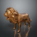 Shiny Golden Lion Statue With Detailed Mane Standing On Dark Reflective Surface