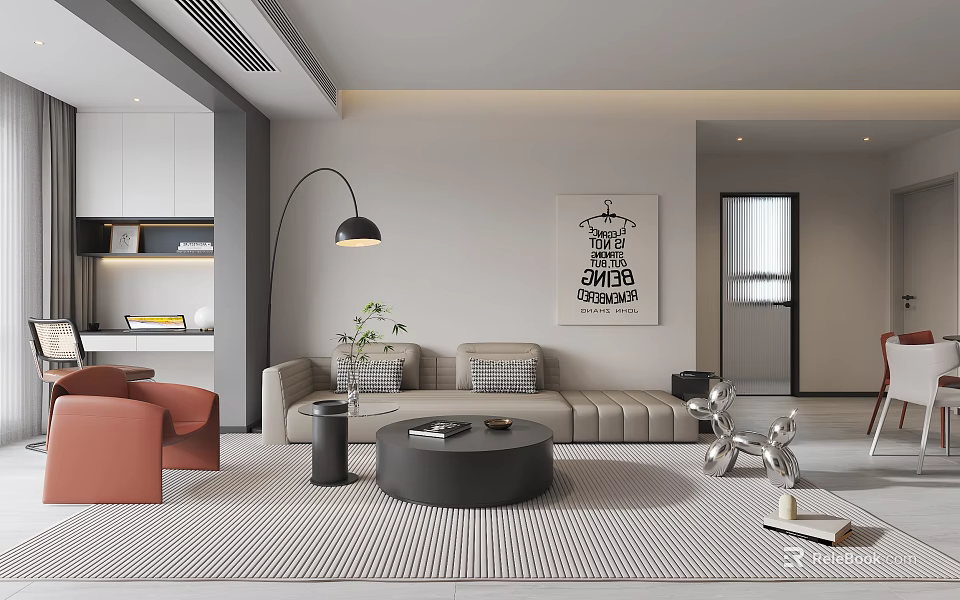 Modern Living Dining Room With Beige Sofa Coffee Table Floor Lamp And Wall Art 3d model 