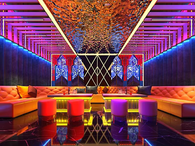 Stylish KTV Interior Design Featuring Vibrant Lighting Stained Glass Windows And Comfortable Seating 3d model