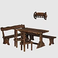 Rustic Wooden Dining Table Set With Bench Chairs And Wall Shelf