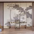 Modern Zen Interior Decor With Wooden Frame Shutter Blinds And Lotus Pattern 3d model