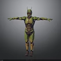 3D Model of Insect Like Humanoid with Green Yellow Muscular Body and Outstretched Arms