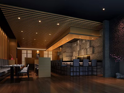 Elegant Restaurant Interior With Wooden Ceiling Stone Accent Wall Dark Seats And Warm Lighting 3d model