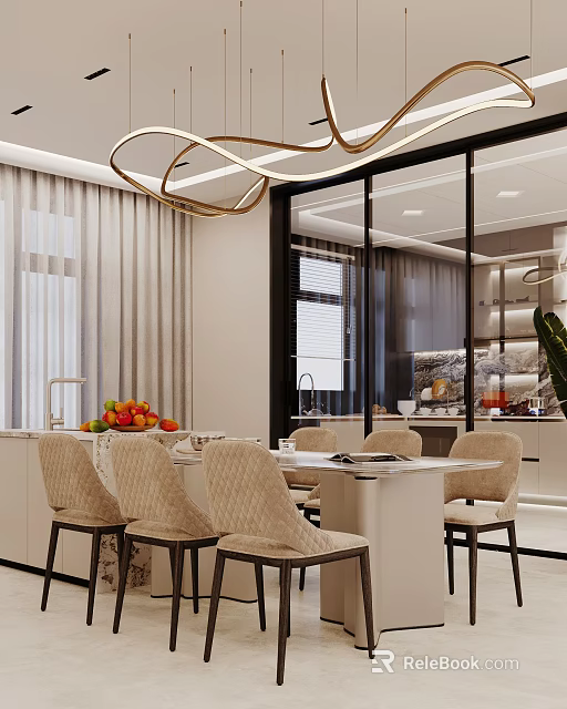 Modern Luxury Restaurant Design With Elegant Marble Dining Table And Soft Comfortable Beige Upholstered Chairs 3d model 