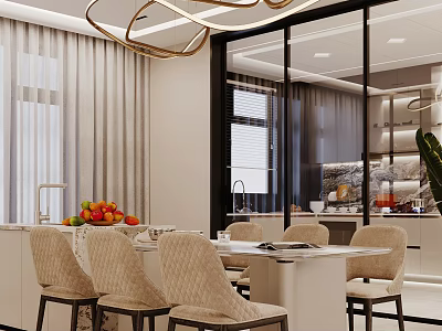 Modern Luxury Restaurant Design With Elegant Marble Dining Table And Soft Comfortable Beige Upholstered Chairs 3d model