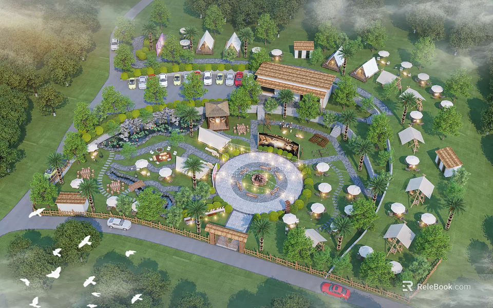 Scenic Camping Site Featuring Multiple Tents Circular Fire Pit Wooded Area and Outdoor Seating 3d model 