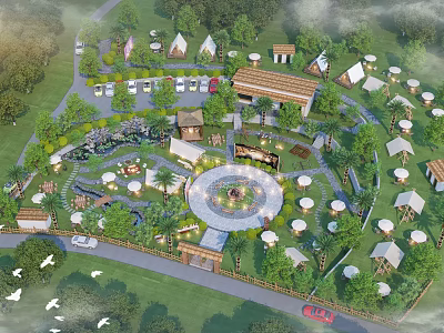 Scenic Camping Site Featuring Multiple Tents Circular Fire Pit Wooded Area and Outdoor Seating 3d model