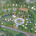 Scenic Camping Site Featuring Multiple Tents Circular Fire Pit Wooded Area and Outdoor Seating