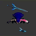 Anime Style Female Character With Purple Long Hair And Blue Sword In Combat Outfit