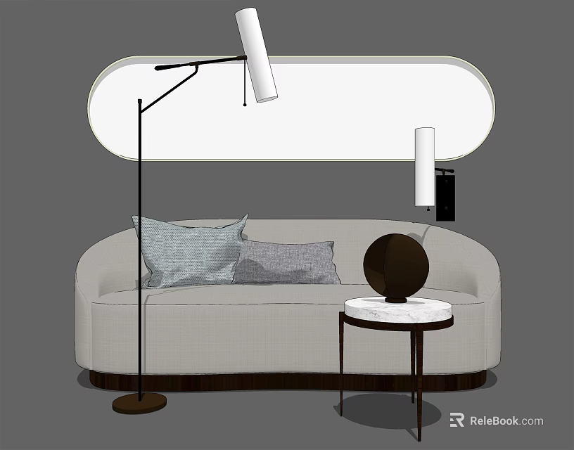 Modern Light Colored Sectional Sofa With Pillows Floor Lamp Round Side Table And Decorative Ball 3d model