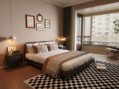 Cozy Bedroom Interior With Comfortable Bed Bedside Tables Lamps Art Mirror Checkered Rug And Plants 3d model