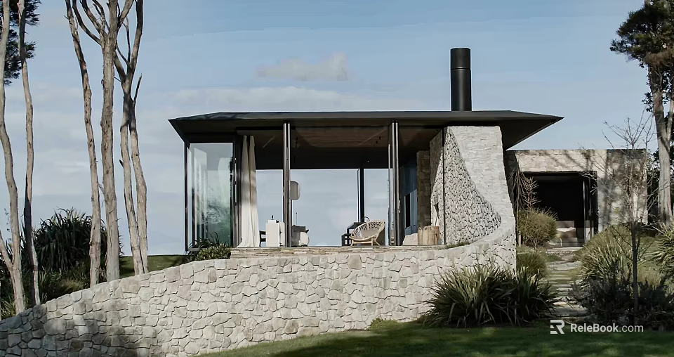 Rustic Guesthouse Architecture With Stone Wall Glass Facade Chimney And Trees In Green Grass Surroundings 3d model 