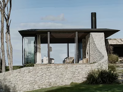 Rustic Guesthouse Architecture With Stone Wall Glass Facade Chimney And Trees In Green Grass Surroundings 3d model