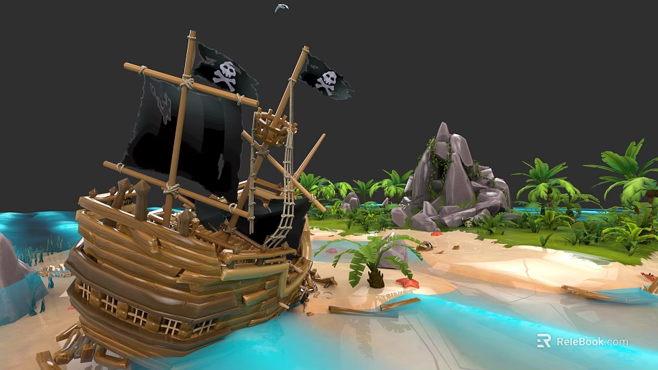 Pirate Ship With Black Sails Near Tropical Island Beach Palm Trees Rocks And Blue Water 3d model 