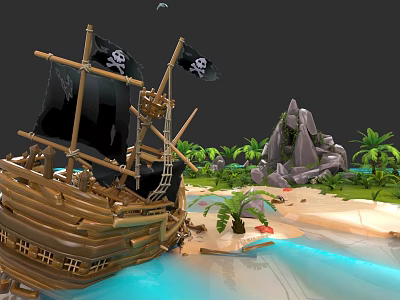 Pirate Ship With Black Sails Near Tropical Island Beach Palm Trees Rocks And Blue Water 3d model