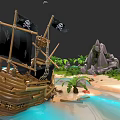 Pirate Ship With Black Sails Near Tropical Island Beach Palm Trees Rocks And Blue Water