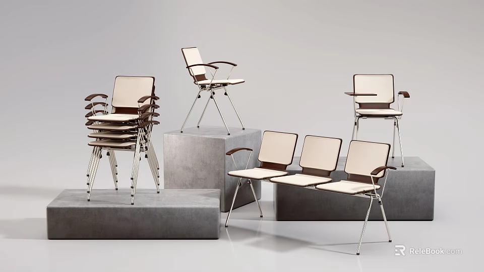 Modern Leisure Chairs With Metal Frames Light Seats Stacked And Grouped On Display Platforms 3d model 