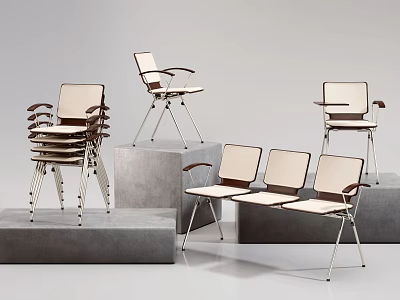 Modern Leisure Chairs With Metal Frames Light Seats Stacked And Grouped On Display Platforms 3d model