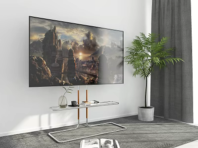 Metal Art Rack In Living Room Under TV With Plant 3d model