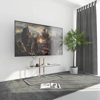 Metal Art Rack In Living Room Under TV With Plant 3d model