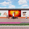 Scenic Mural Wall With Colorful Figures Animal Paintings Benches People Activities Nearby Red Brick Ground