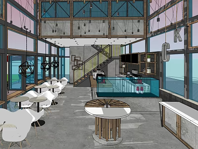 Modern Bubble Tea Shop Interior With Wooden Tables White Chairs Staircase And Large Windows 3d model