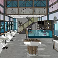 Modern Bubble Tea Shop Interior With Wooden Tables White Chairs Staircase And Large Windows