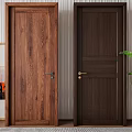 Modern Wooden Hinged Doors Different Brown Tones With Green Plant Decorative Painting And Striped Wall