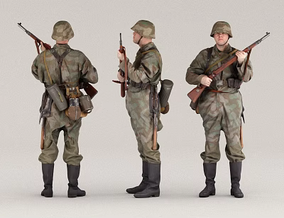 Military Men In Camouflage Uniforms Holding Rifles With Gear From Different Angles 3d model