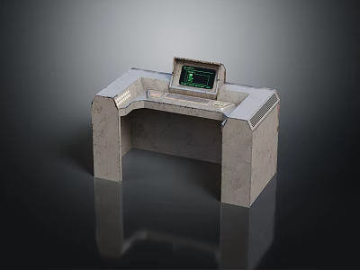 Gray Structured Computer Console Featuring Green Display Screen And Workstation Design 3d model