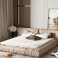 Beige Double Bed with Plush Pillows Curtains Abstract Painting and Potted Plant in Bedroom