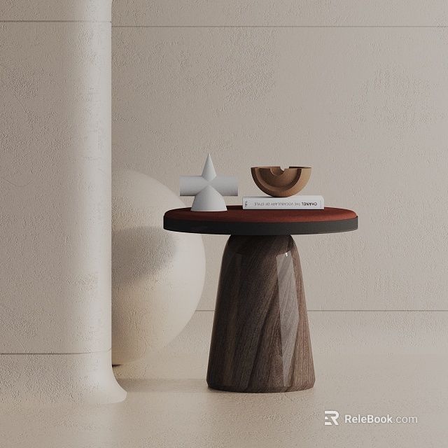 Modern Wooden Side Table With Round Top And Decorative Books Ornaments 3d model 