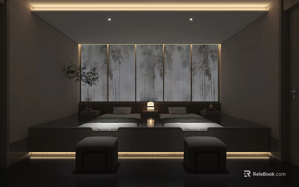 Peaceful SPA Sauna Interior With Wooden Benches Soft Lighting And Potted Plants 3d model 
