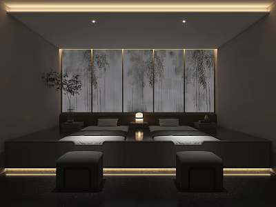 Peaceful SPA Sauna Interior With Wooden Benches Soft Lighting And Potted Plants 3d model