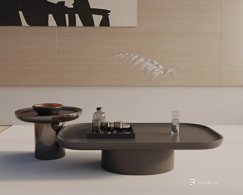 Modern Coffee Table Interior Design With Dark Round Base Decorative Tray And Vase 3d model 