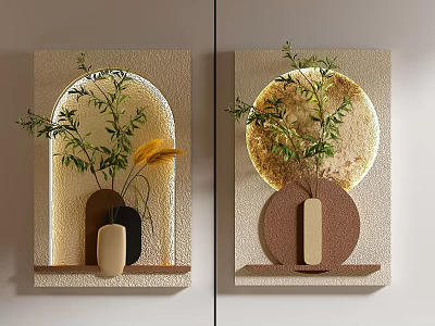 Minimalist Wall Decor With Beige Background Arch Circular Shapes And Plants In Vases 3d model
