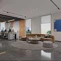Modern Public Office Area With Open Layout Office Desks Sofa Rug And Floor To Ceiling Windows