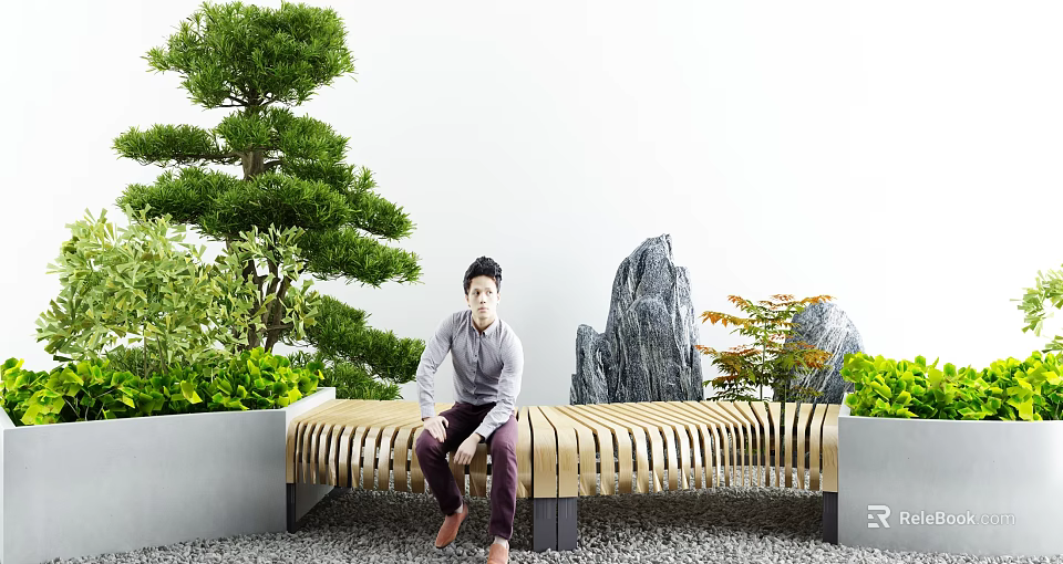 Outdoor Slatted Bench With Green Plants And Rockery In Natural Garden Space 3d model 