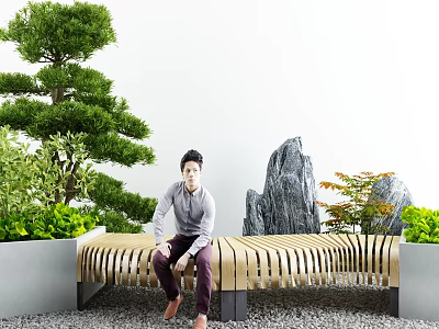 Outdoor Slatted Bench With Green Plants And Rockery In Natural Garden Space 3d model