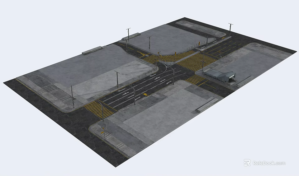 Modern Road Infrastructure with Intersection Traffic Markings Street Lamps and Sidewalks 3d model 