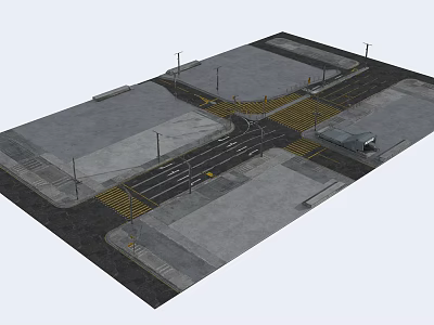 Modern Road Infrastructure with Intersection Traffic Markings Street Lamps and Sidewalks 3d model