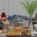 Delicious Fast Food Spread With Assorted Hamburgers Fries Coca-Cola Pepsi Ice And Popcorn