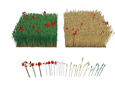 Green Grass With Red Flowers And Yellow Wheat Stalks Floral 3d model