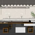 Modern Bubble Tea Shop Interior With Long Wooden Table Stools And Green Plant Decoration