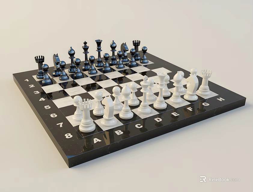 Chess Game Set with Black and White Pieces on Classic Checkerboard with Letter Number Coordinates 3d model 