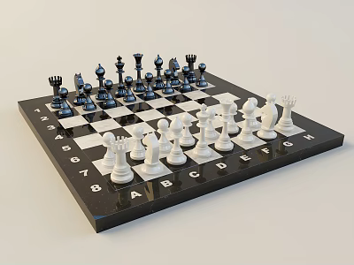 Chess Game Set with Black and White Pieces on Classic Checkerboard with Letter Number Coordinates 3d model