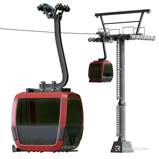 Two Red Cable Car Carriages With Metal Support And Overhead Cables 3d model