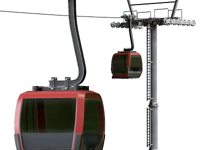 Two Red Cable Car Carriages With Metal Support And Overhead Cables 3d model